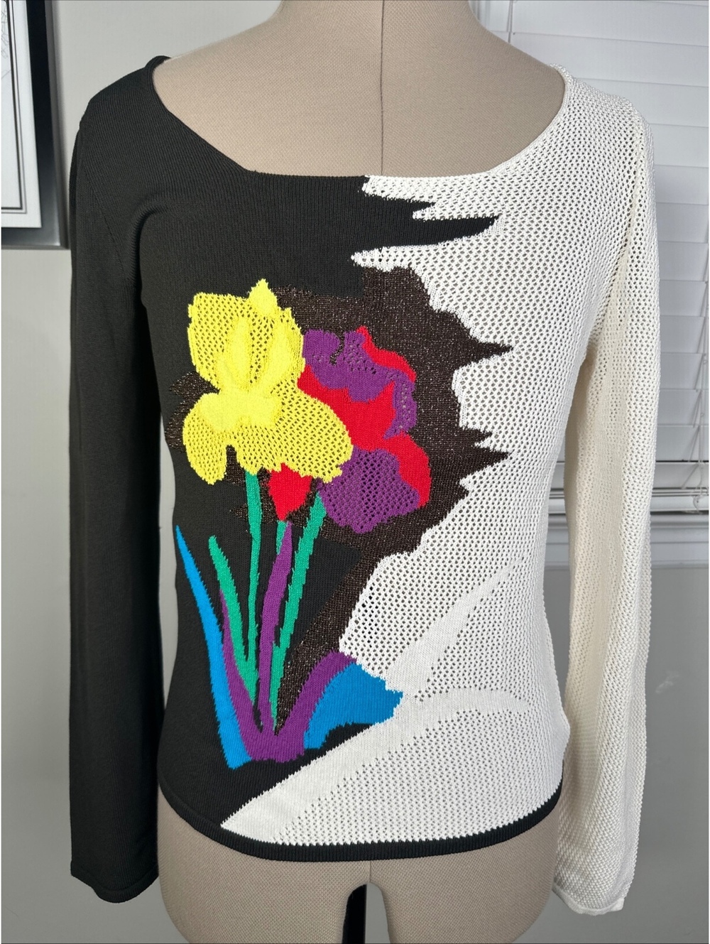 Vtg Iceberg Knit Top Women Colorblock Mesh Long Sleeve Italy